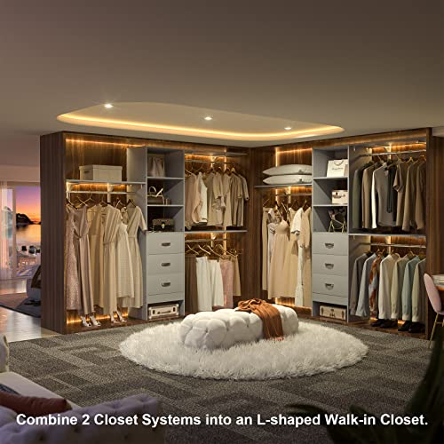 Armocity 96 Inches Closet System, 8FT Walk In Closet Organizer with 3 Shelving Towers, Heavy Duty Clothes Rack with 3 Drawers, Built-In Garment Rack, 96" L x 16" W x 75" H, Max Load 1000 LBS, Grey - color: Grey