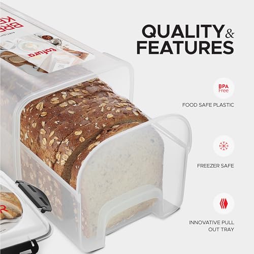 Tafura Bread Storage Container - 2 Pack BPA Free Plastic Bread Box with Ingeniously Tray - Airtight Container/Holder for Homemade Loaves and Baked Goods - color: Black - 2 Pack
