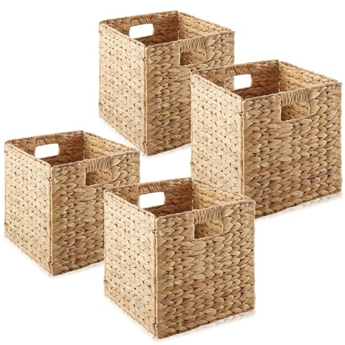 Casafield 10.5" x 10.5" Water Hyacinth Storage Baskets, Natural - Set of 4 Collapsible Cube Organizers, Woven Bins for Bathroom, Bedroom, Laundry, Pantry, Shelves - size: 4-Pack
