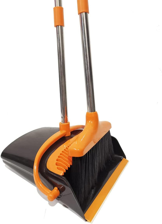 Extendable Long Handle Broom and Dustpan Set, Stainless Lightweight Upright Standing Broom and Dustpan Combo for Kitchen Lobby Office Living Room Household Indoor or Outside (Orange)
