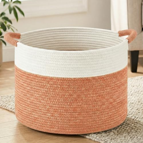Artfeel 100L Large Cotton Rope Basket, Decorative Woven Blanket Storage for Living Room, Boho Toy Storage & Toy Box for Kids, Versatile Laundry Basket & Nursery Hamper for Blankets(Orange) - color: Orange, size: 100L