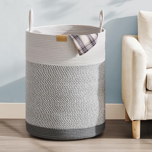 Nunsino Laundry Hamper 75L,Large Laundry Basket for Clothes,Decorative Storage Basket for Blankets,Cotton Rope Woven basket for bedroom,Grey White - color: Grey&White, size: 75L/19.8Gal