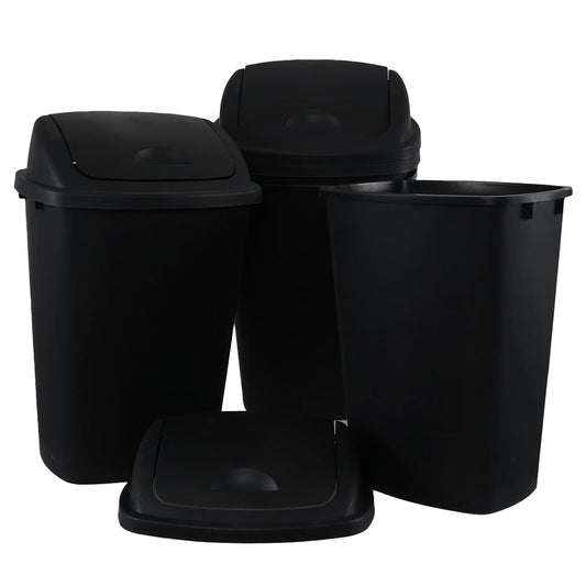13 Gallon Swing Top Lid Garbage Cans, Large Plastic Kitchen Trash Can Set of 4, Black