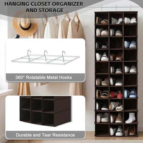 coastal rose Hanging Shoe Closet Organizer, 30 Sections Hanging Closet Organizers and Storage Shelves, Space Saving Shoe Rack Holder Hanger, Coffee - color: Coffee