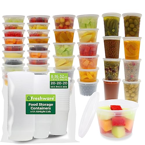 Freshware Food Storage Containers with Lids [60 Pack 8, 16, 32 oz, 20 sets each size] Plastic Deli Containers, Meal Prep Containers, Microwave and Freezer Safe, Stackable, Leakproof, BPA Free, Clear - size: 8, 16, 32 oz - 60 Mix Set