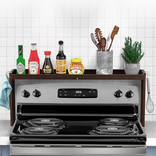 IIIOIIIA Bamboo Over the Stove Spice Rack Organizer Shelf for Kitchen, 31.5" with 6 Hooks, 11.4" Height Extra Storage Countertop, Easy to Assemble, Walnut - color: Bamboo Walnut