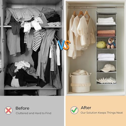 MAX Houser 6 Tier Shelf Hanging Closet Organizer, Closet Hanging Shelf with 2 Sturdy Hooks for Storage, Foldable (Light Grey-D3) - color: Light Grey-d3