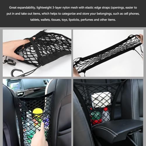 2-Layer Car Mesh Organizer, Seat Back Net Bag Stretchable Barrier of Backseat Pet Kids, Four-Side Elastic Storage Netting Pouch Cargo Tissue Purse Holder Between Front Seats - color: 2-Layer Two-Side