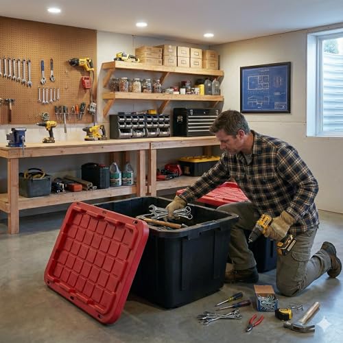 27 Gal Industrial Tote,2 Pack Plastic Storage Bins with Lids Tough Large Storage Bin,Black with Red Lid Plastic Storage,Stackable & Nestable for Garage, Basement, or Outdoor (2 Pack) - size: 2 Pack