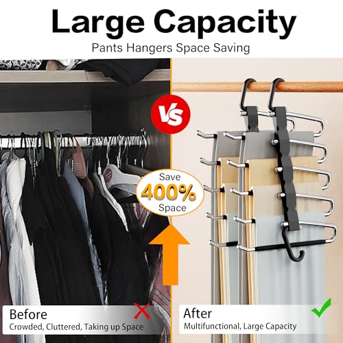 Pants Hangers Space Saving - 4 PCS Closet Organizer and Storage Jean Hangers, Stainless Steel Anti-Slip Clothes Hanger Scarf Holder Pants for Jeans Leggings Trousers Rack for Back to School, Black - size: 4