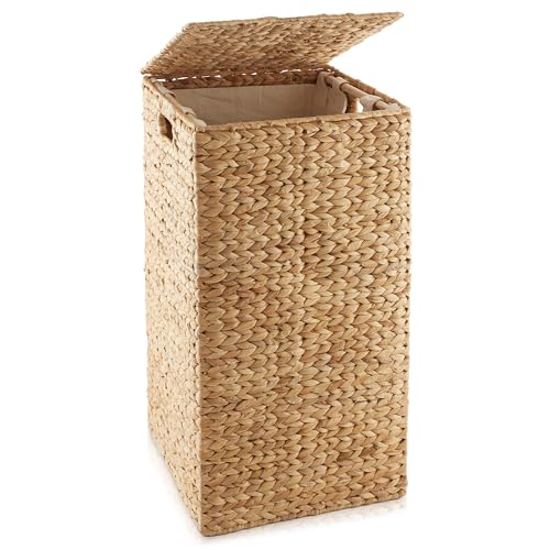 Casafield Laundry Hamper with Lid and Removable Liner Bag - Natural, Woven Water Hyacinth Square Laundry Basket Sorter for Clothes and Towels - color: Natural