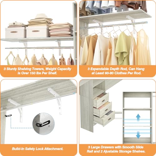 Armocity 96 Inches Closet System, 8FT Walk In Closet Organizer with 3 Shelving Towers, Heavy Duty Clothes Rack with 3 Drawers, Built-In Garment Rack, 96"L x 16"W x 75"H, Load 1000 LBS, White Oak - color: White Oak