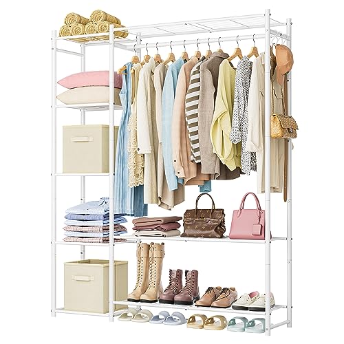 Wardrobe Closet,Portable Clothes Rack with 4 Tiers Shelves,Freestanding Closet Organizers and Storage System with Hanging Rods,Steel Clothing Rack Suitable for Cloakrooms,Bedrooms,Entrances,etc.White - color: White