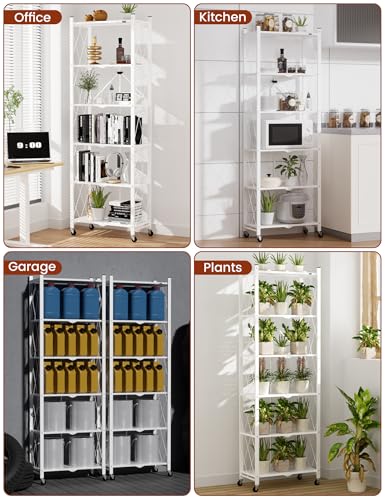 ALANNG 73.6 Inch Folding Bookshelf, 6 Tier Metal Bookcase and Bookshelves, Tall Shelves for Living Room Office Bedroom, Heavy Duty Book Shelve Free Standing Open (White, 1PACK) - color: White