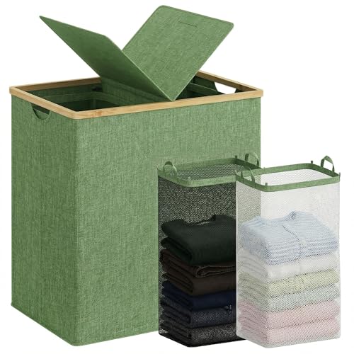 efluky Laundry Hamper with Lid, Double Laundry Hamper with 2 Removable Bags, 2 Section Laundry Basket with Bamboo Handles for Bathroom, Bedroom & Laundry Room,140L Green - color: Green, size: 140L Dual