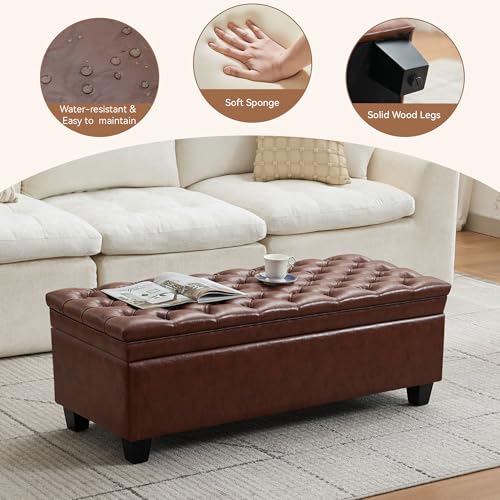 WUTUTUEE 50" Faux Leather Storage Ottoman Bench, Upholstered Rectangle End of Bed Storage Ottoman Tufted Living Room Bedroom Bench with Safety Hinge, Solid Wood Legs, Loads 500 lb(Brown) - color: Brown-pu
