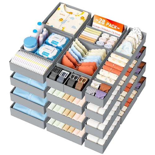 DIMJ Drawer Organizer Clothes 28 Pack - Foldable Baby Organizers and Storage & Closet Organizers for Bedroom, Closet - Nursery Organization Dresser Dividers for underwear, Sock,Bra, Belt, Tie,Gray - color: Gray, size: 28 Pack