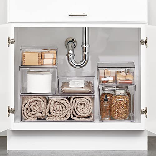mDesign Plastic Stackable Bathroom Storage with Pull Out Bin Organizer Drawer for Cabinet, Vanity, Shelf, Cupboard, Cabinet, or Closet Organization - Lumiere Collection - Clear - size: 8 x 12 x 6 (Pack of 1)