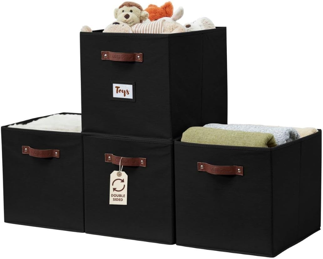 DECOMOMO Storage Baskets, 13x15x13 Storage Cube Bins with Labels for Organizing Shelves Kallax (Kallax / 4pcs, Black)