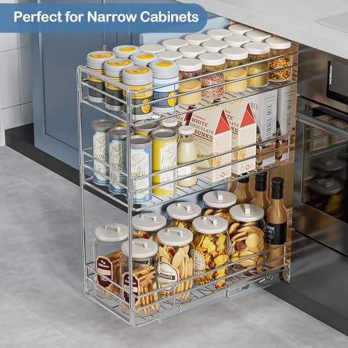 ROOMTEC Pull Out Spice Rack for Narrow Cabinet (5½" W X 20½" D),3 Tier Slide Out Cabinet Organizer and Pull Out Shelves Under Cabinet Storage for Kitchen, Chrome - size: 5½" W X 20½" D,3 Tier