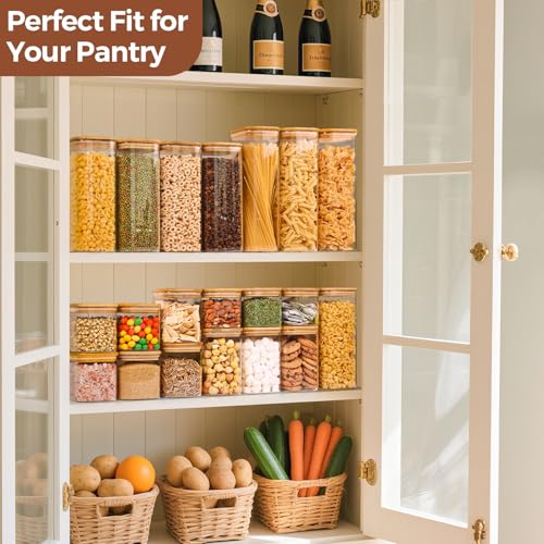 ComSaf 1.2 Qt Glass Storage Containers with Lids, Glass Jars with Lids, Clear Food Storage Jar, Square Canister Set of 9, Pantry Organizers and Storage for Cookie Flour Oat Pasta Tea Coffee Bean - size: 1.2Qt*9