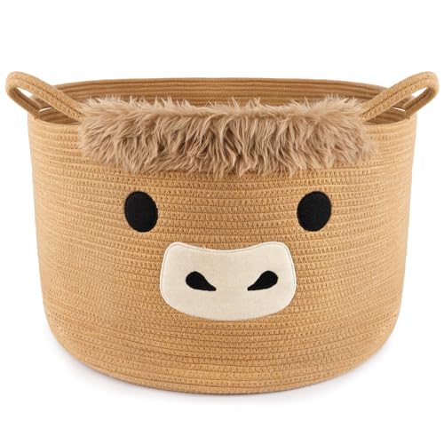 Large Highland Cute Cow Basket for Nursery,Woven Laundry Blanket Gift Basket, Cotton Rope Storage Bins with Handles, Extra Empty Decorative Bin for Towels Pillow Clothes Hamper Room,23"D×13"H - color: Brown, size: 23"D ×13 "H