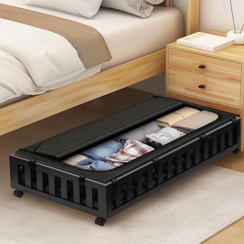 Gashell 2 Pack Bamboo Under Bed Storage with Wheels, 39”x20”x7.8” Lager Under Bed Storage Containers (Black) - color: Black