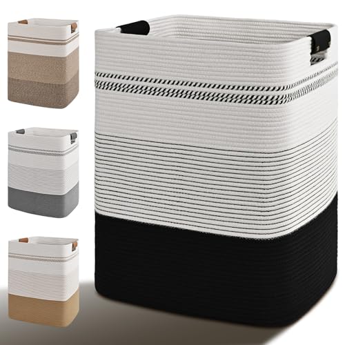 Laundry Hamper, 95L Tall Laundry Basket with Leather Handles, Rectangle Large Clothes Hamper for Organizing, Cotton Woven Laundry Baskets Storage Hampers for Bedroom, Nursery, Living Room - color: Black, size: 95L