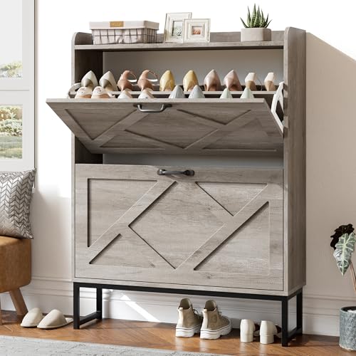 Nicetree Shoe Storage Cabinet with 2 Flip Drawers, Freestanding Shoe Organizer, Shoe Cabinet with Metal Legs, Narrow Shoe Rack Cabinet, Farmhouse Slim Shoe Cabinet for Entryway, Hallway, Rustic Gray - color: Grey, style: 2-Drawers