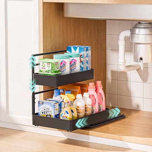 EVERIE Metal Pull Out Slide Shelf Organizer for Under Sink Organization in Kitchen, Bathroom, Counter, Cabinets, Minimum Available Space 13" Wide x 16.5" Deep (Black, 1 Set) - color: Black, size: 1 Set