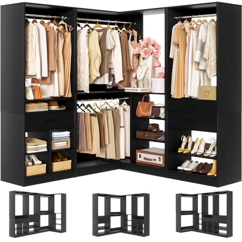 Unikito 86" Corner Closet System, Modular Closets Organizer with 4 Hanging Rods and Storage Shelves, Freestanding Adjustable Wood Clothes Garment Rack with Drawers, Sturdy Walk in Closet Tower, Black - color: Black, size: 86 Inch