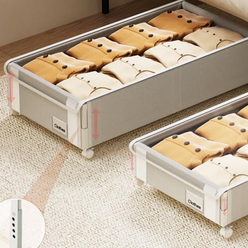Fokyfok 2Pack Under Bed Storage with Wheels,6.7"-9" Adjustable Height Underbed Storage,Under Bed Storage Containers,Rolling Under Bed Clothes Storage,Metal Under Bed Drawers for Shoes,Blankets,Toys - size: Height 6.7"-9"