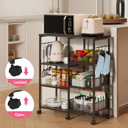 SWTYMIKI Kitchen Island Cart on Wheels - 4 Tier Rolling Kitchen Table Cart with Storage Shelves, 6 Removable Hooks& Locking Casters, Coffee Bar Cabinet for Dining Room Pantry Office, Black - size: 28x11.81in, style: Black