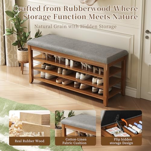 Solid Wood Shoe Bench with Storage, Flip-Top Soft-Close Lid, Adjustable Shelves, Cushioned Entryway Shoe Rack Organizer, 23.6"