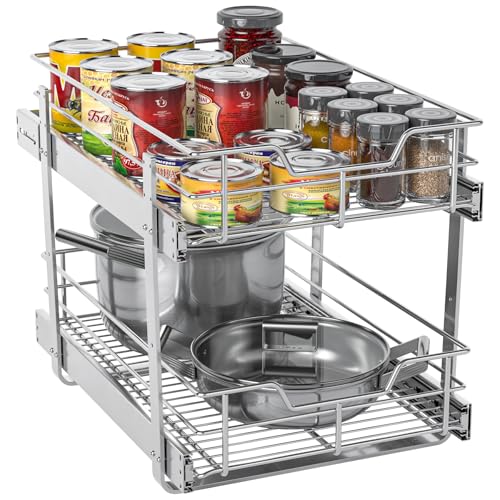ZOINLIY Pull Out Cabinet Organizer, Versatile Slide Out Kitchen Organizers and Storage,Heavy Duty Drawer Cupboard Storage Basket, Smooth Sliding, Chrome Finish (2-Tiers-14¼''W×22“D) - size: 2-Tiers 14¼''W×22“D