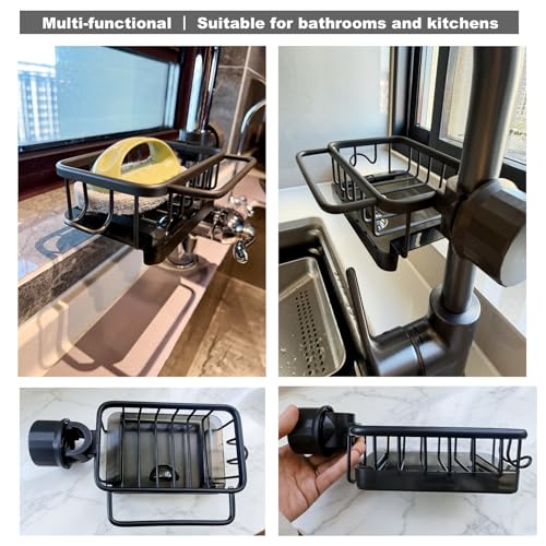 Sink Organizer Rack for Kitchen and Bathroom, 2025 New Stainless Steel Detachable Hanging Faucet Drain Rack with Drip Tray Faucet Sponge Holder for Bathroom, Scrubbers, Soap (Black, Left) - size: Left