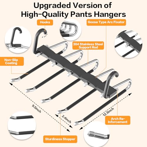 Pants Hangers Space Saving - 2 Pack Closet Organizer and Storage Jean Hangers, Stainless Steel Anti-Slip Clothes Hanger Scarf Holder for Pants Jeans Leggings Trousers Pant Rack, Black - size: 2
