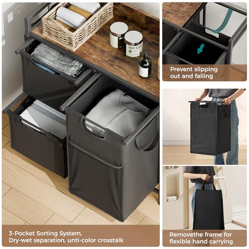 Laundry Sorter with 3 Section, 100L Laundry Hamper with Wheels, Laundry Basket with Small Side Pockets and Pull-Out Removable Liners,for Laundry Room Bedroom Bathroom - size: 100L