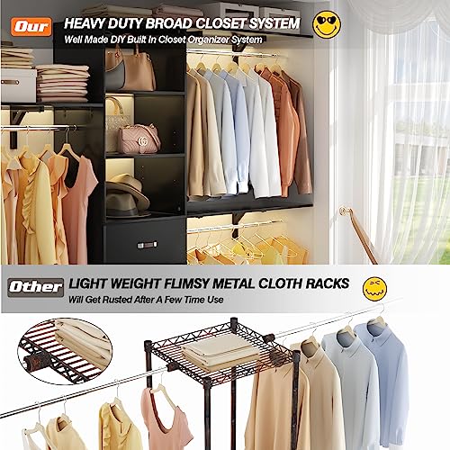 Armocity 96 Inches Closet System, 8FT Walk In Closet Organizer with 3 Shelving Towers, Heavy Duty Clothes Rack with 3 Drawers, Built-In Garment Rack, 96" L x 16" W x 75" H, Max Load 1000 LBS, Black - color: Black