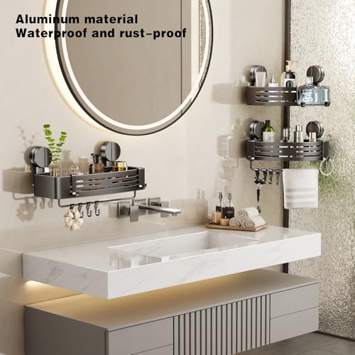VOLPONE Shower Caddy Suction Cup No Drilling Suction Cup Shower Shelf Heavy Duty Bathroom Shower Organizer Storage Rack Adhesive with Towel Bar Hooks (3-Pack, Matte Gray) - style: Suction Cup Rectangle with Towel bar 3 Tier Gray