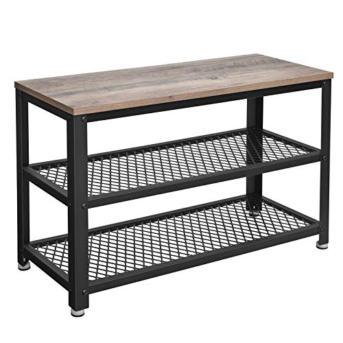 VASAGLE 3-Tier Shoe Rack, Shelf Storage Bench with Metal Mesh Shelves and Seat, Free Standing Shoe Organizer for Entryway, 11.8 x 28.7 x 17.7 Inches, Greige and Black ULBS73MB - color: Greige + Black, size: 28.7"W x 17.7"H, style: Bench