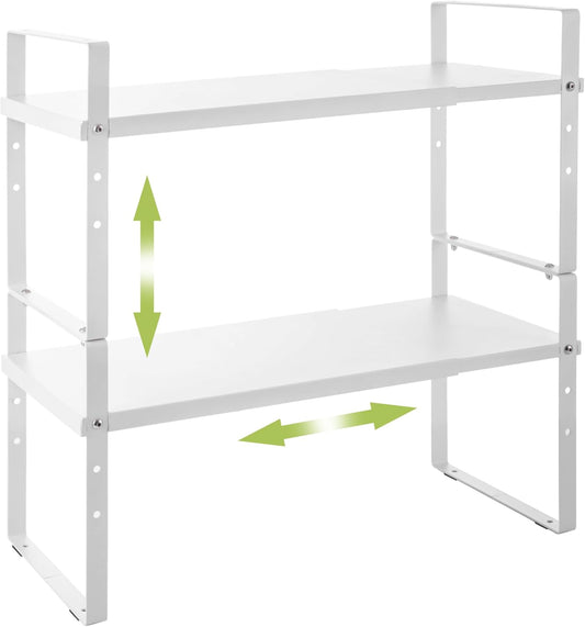 Expandable Cabinet Shelf Organizer Rack, Stackable Kitchen Counter Storage Shelves Stand, Adjustable Height Pantry Shelf Spice Rack (White, 2 Pack)