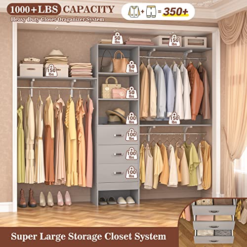 Armocity 96 Inches Closet System, 8FT Walk In Closet Organizer with 3 Shelving Towers, Heavy Duty Clothes Rack with 3 Drawers, Built-In Garment Rack, 96" L x 16" W x 75" H, Max Load 1000 LBS, Grey - color: Grey
