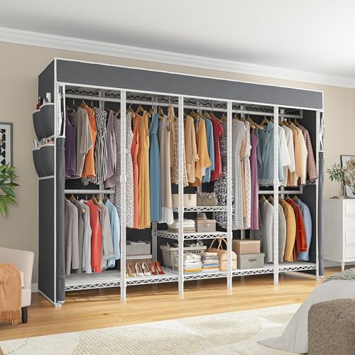 Raybee 90.6" W Extra-Large Clothes Rack with Cover, Freestanding Clothing Racks for Hanging Clothes, Heavy Duty Closet Organizer System, Portable Wardrobe Closet, Adjustable Garment Rack, White - color: White, style: WITH COVER