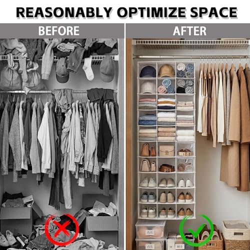 coastal rose Hanging Shoe Closet Organizer, 30 Sections Hanging Closet Organizers and Storage Shelves with 6 Mesh Pockets, Space Saving Shoe Rack Holder Hanger, White - color: White
