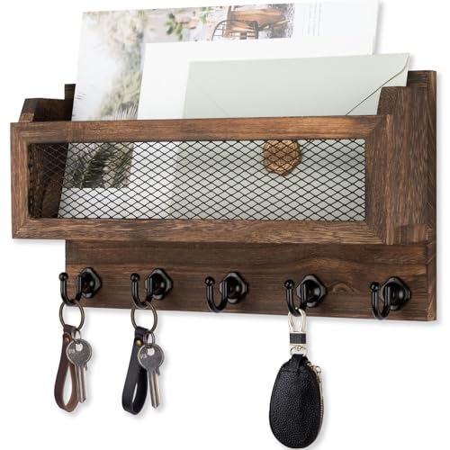 Nekon Mail and Key Holder for Wall Decorative, 11 Inch Wooden Wall Key Organizer with 5 Key Hooks, Wall Mount Storage Shelf for Entryway Hallway (Brown) - color: Brown