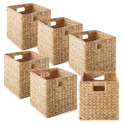 Casafield 10.5" x 10.5" Water Hyacinth Storage Baskets, Natural - Set of 6 Collapsible Cube Organizers, Woven Bins for Bathroom, Bedroom, Laundry, Pantry, Shelves - size: 6-Pack