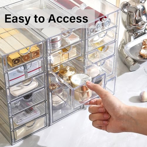 Prsildan Acrylic Drawer Organizer with 15 Drawers, Makeup Craft Office Desk Organizers Accessories, Set of 3 Clear Stackable Storage Drawers for Vanity, Countertop, Jewelry, Art Supply Organization - style: 15 Drawers