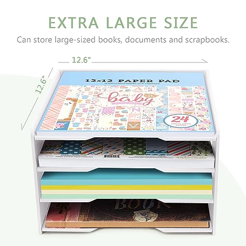 SONGWAY Scrapbook Paper Organizer 12x12-4 Tier File Organizer for Desk, 12x12 Stackable Scrapbook Paper Storage Trays, Desktop File Storage Cube for Home Office School - size: 4 Tier