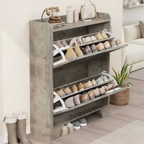 IDEALHOSUE Shoe Cabinet Storage for Entryway, Slim Shoe Storage Cabinet with 2 Flip Drawers, Freestanding Hidden Narrow Shoe Organizer Cabinet with Hooks for Entrance, Foyer, Hallway, Gray - color: Grey, size: 2-Drawers